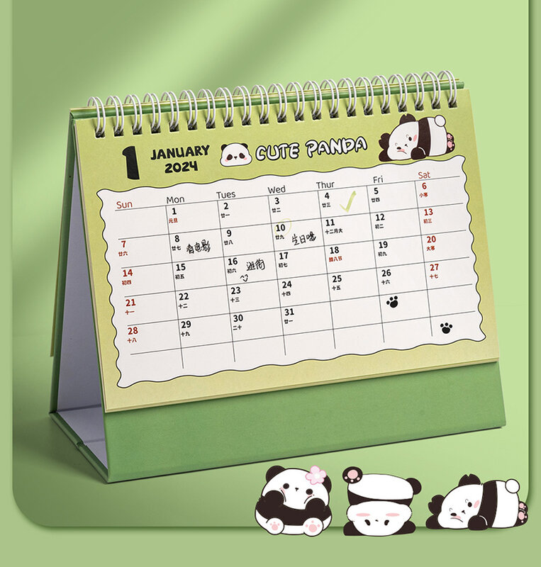 かわいいパンダと猫を備えたミニテーブルデスクカレンダー、小さなカレンダー、デスクトップの装飾、カワイイコイルカレンダー、オフィスプラン、2024
