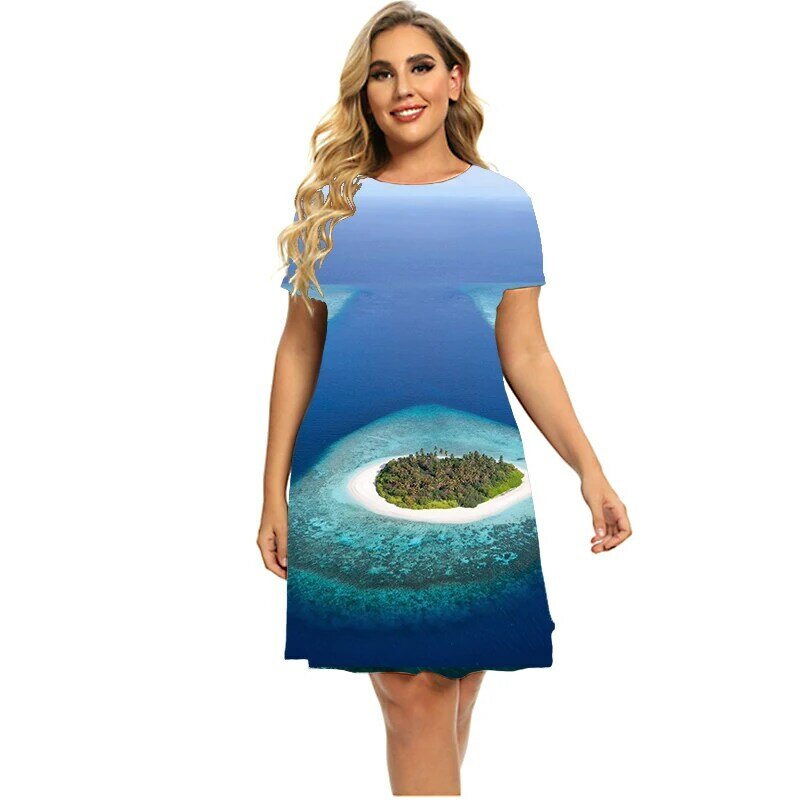 Vestidos de paisaje de Maldivas para verano 2023, moda de manga corta, vestido informal para vacaciones en la playa, ropa holgada de talla grande para mujer 6XL