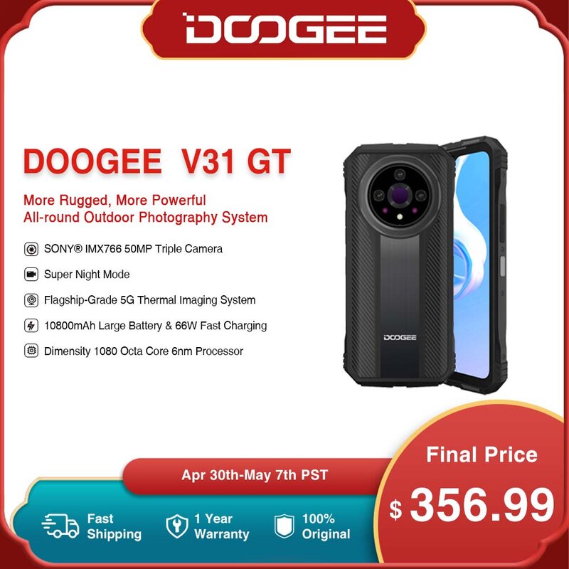 Telepon seluler keras DOOGEE V31GT, telepon 6.58 "FHD dimensi 1080 Octa Core 5G pencitraan termal 10800mAh 66W telepon pengisian cepat
