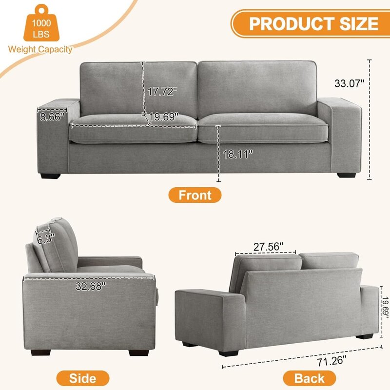 Sofa Chenille 88 inci untuk ruang tamu, Sofa dudukan dalam Modern dengan sandaran dan bantal kursi dapat dilepas