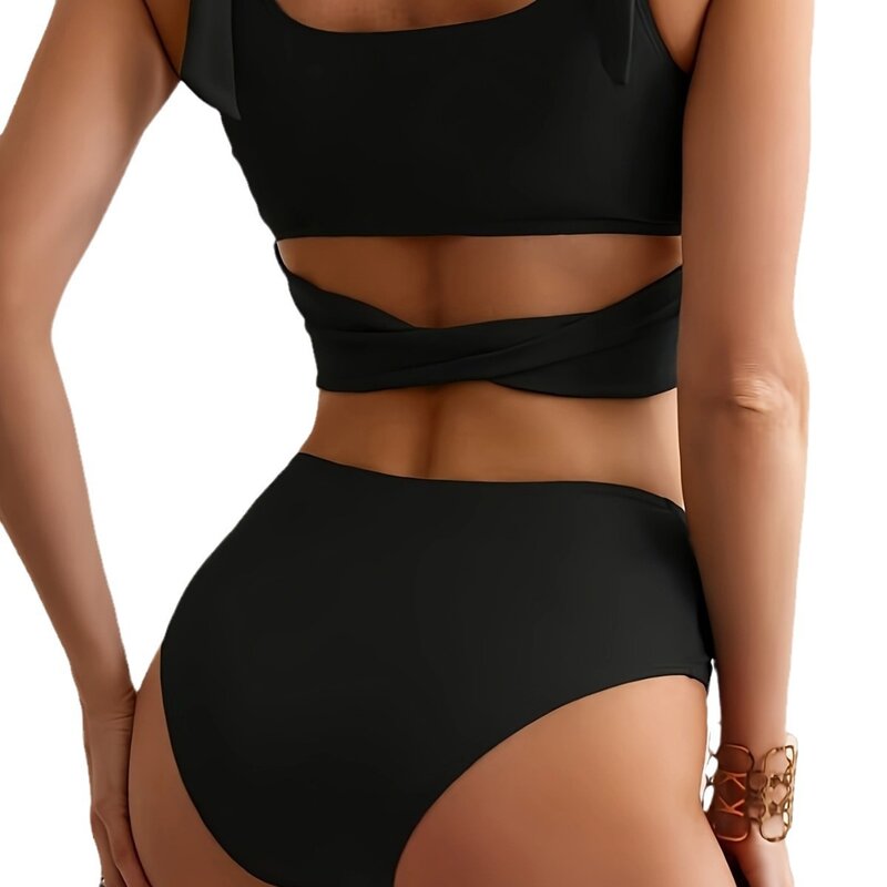 Maillot de bain noir sexy pour femmes, ensemble deux pièces, soutien-gorge push up, culotte taille haute, vêtements de plage