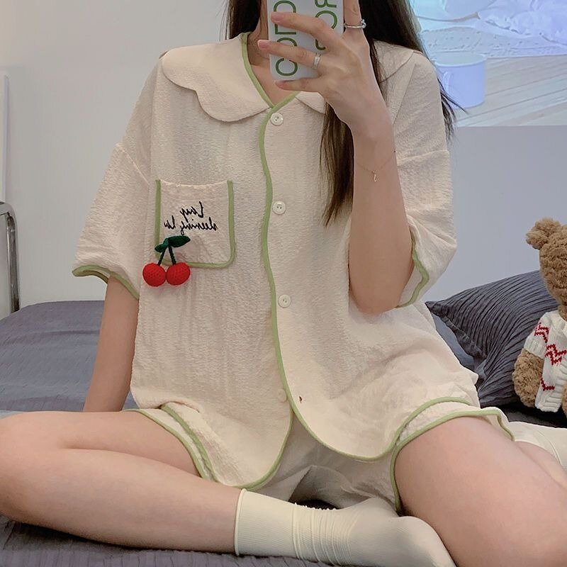 Studente Bubble stropicciato sottile pigiama Set pigiama di pizzo giapponese donna estate dolce carino cotone lino a maniche corte Sleepwear Suit