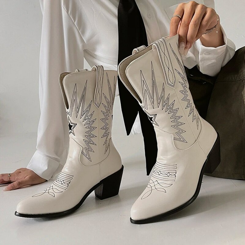 Botas de cowboy ocidental mulheres meados de bezerro cunhas grossas boot runway moda bordados de couro do plutônio mulher tornozelo bota apontou toe marca
