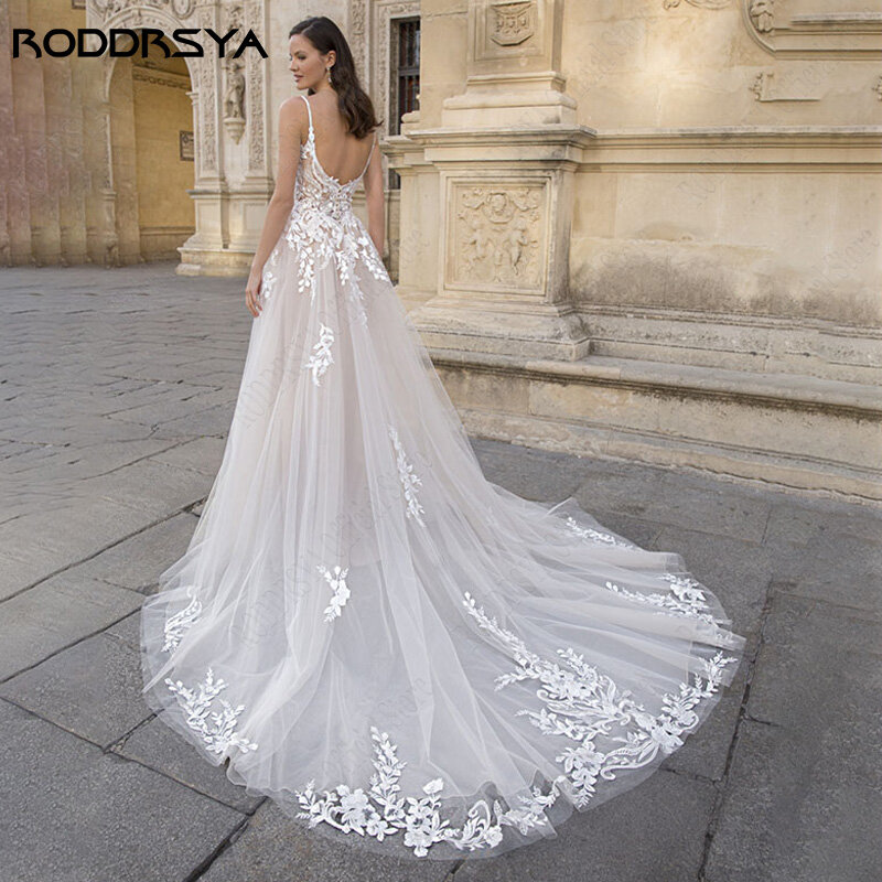 RODDRSYA gaun pengantin applique tali spageti gaun pengantin gaun pengantin kereta api Sweep A-line gaun pengantin buatan khusus vestidos de novia