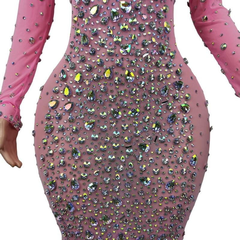 Vestido largo con diamantes de imitación brillantes multicolores para mujer, vestido Sexy de cristal rosa, ropa de salón de noche, disfraz de fiesta de cantante de escenario, Cuixing