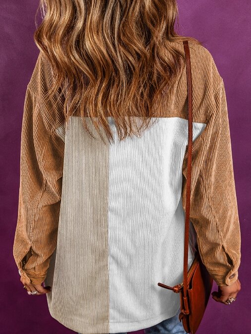 Jaqueta casual solta de veludo para mulheres, gola virada para baixo, manga comprida, bloco de cores, bolso abotoado, jaqueta diária, moda outono, 2023