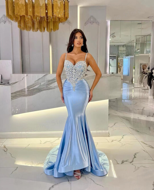 Classic Elegant Mermaid Evening Dresses 2024 Woman's Sexy Sleeveless Appliques Prom Gowns Court Train Satin Party فساتين طويلة