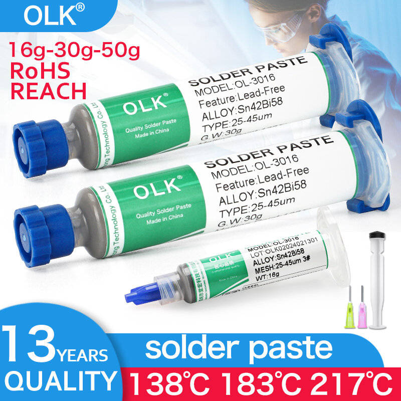 OLK SMD-pasta de soldadura sin plomo, alta, media, baja temperatura, BGA, PCB, reparación de teléfonos, implante de estaño, 138 ℃