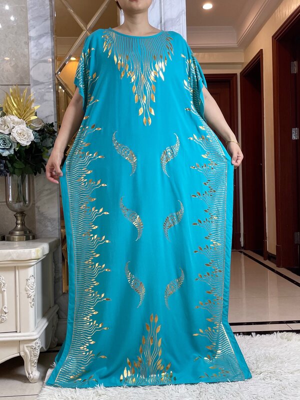 2024 New Summer Short Sleeve Robe Cotton Loose Lady Dress With Big Scarf Gold Stamping Boubou Maxi Islam Women African Abaya