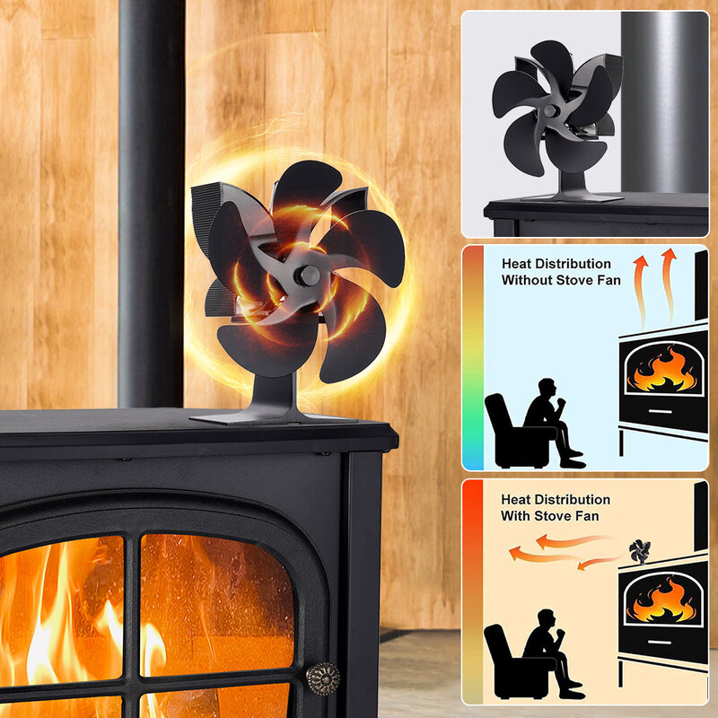5 Blades Heat Powered Stove Fan Log Wood Burner Quiet Eco Energy Saving Fireplace Fan Heater Home Efficient Heat Distribution