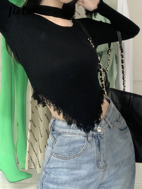 Jielur Новинка осени однотонные тонкие женские трикотажные пуловеры в уличном стиле Модный Топ цвета хаки черный