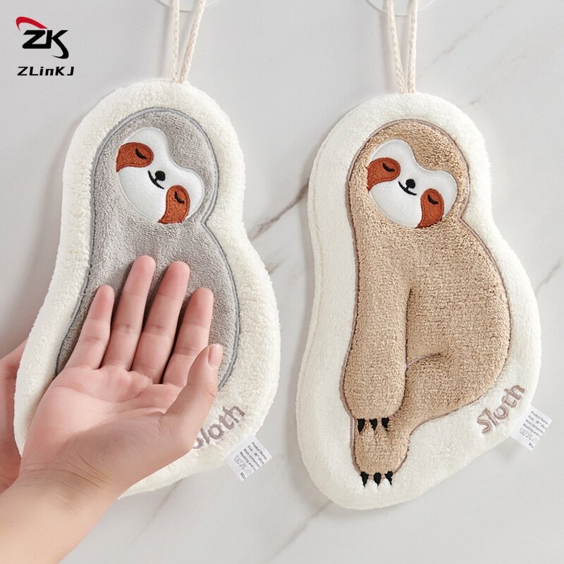 1pc Cute Hand Towels Kitchen Toilet Bathroom Children Hand Towel With Hanging Rope Soft Sloth Quick Dry Coral Absorbent Cloth