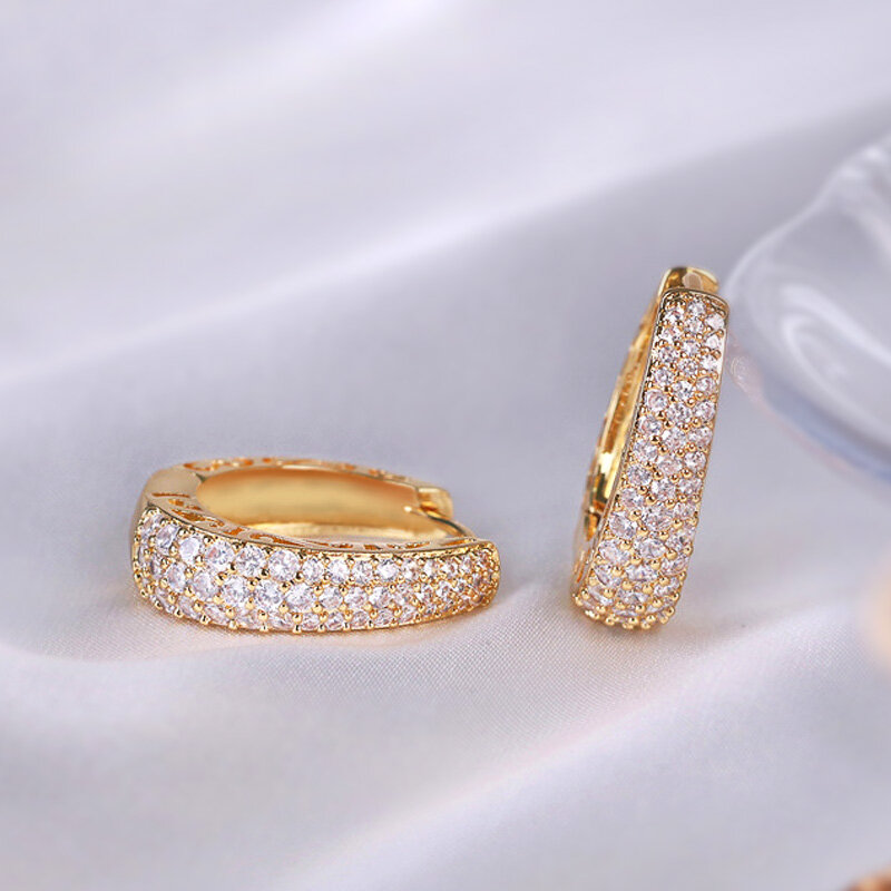 Huitan Luxury Paved CZ Hoop Earrings for Women Gold Color Hollow Out Design Temperament Female Ear Accessories Fashion Jewelry