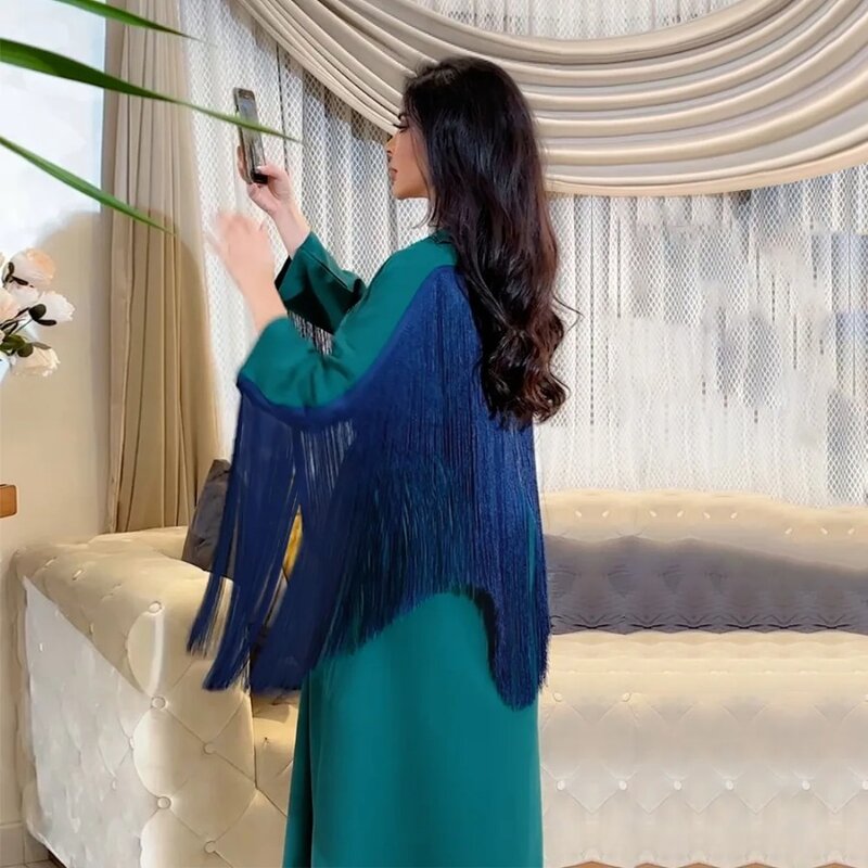 Lange Kwastjes Gesplitste Jurk Met Riem Vrouwen Losse Abaya Mode Diamanten V-Hals Jurk Feest Eid Moslim Kaftan Vestidos Dubai Arab