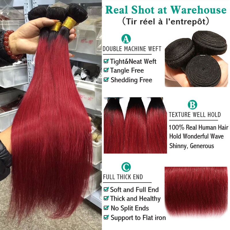 Ombre Burgundy Bundles 1 Pc Package Hair Brazilian Human Hair Weave 2 Tone 1B Wine Red Natural Looking Daily Use Hair Weaving