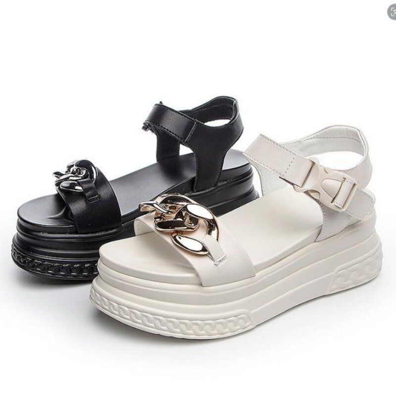 Couro genuíno sandálias plataforma para as mulheres, sapatos de cunha, dedo do pé aberto, sapatos de praia, preto, moda, 7cm