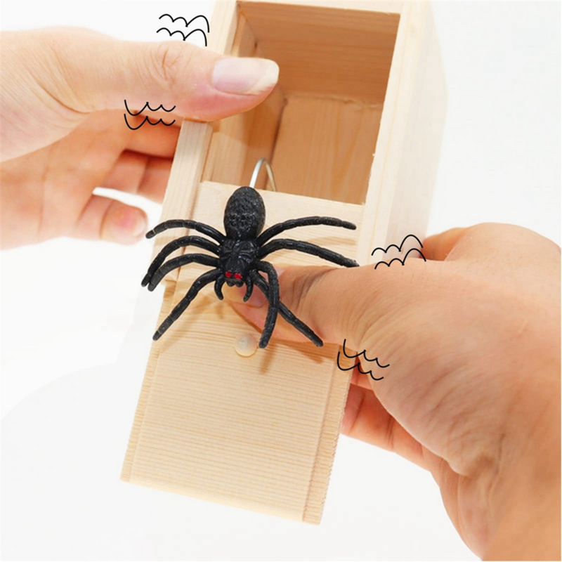 Kotak trik laba-laba lucu kotak penakut kayu kotak tersembunyi kualitas Prank kayu kotak penakut permainan menyenangkan trik bercanda mainan kantor Teman