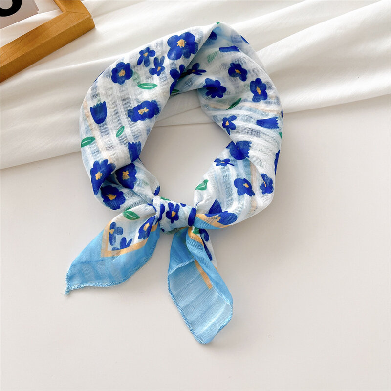 Pañuelo de lino y algodón con estampado floral para mujer, bufanda de cuello de 55cm, chales pequeños de verano, bufandas de bolso femenino