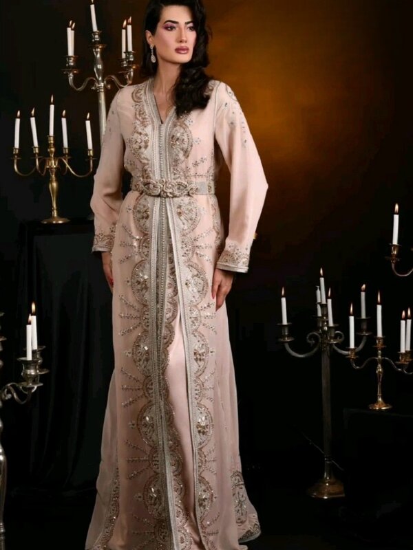 Luxo Lantejoulas frisadas Vestidos A-Line, Takshita marroquino, decote em v com cinto, Kaftan nupcial, vestido de cristais