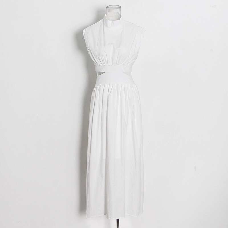 Женское длинное платье без рукавов, однотонное платье в минималистичном стиле с вырезами на воротнике, весна 2024