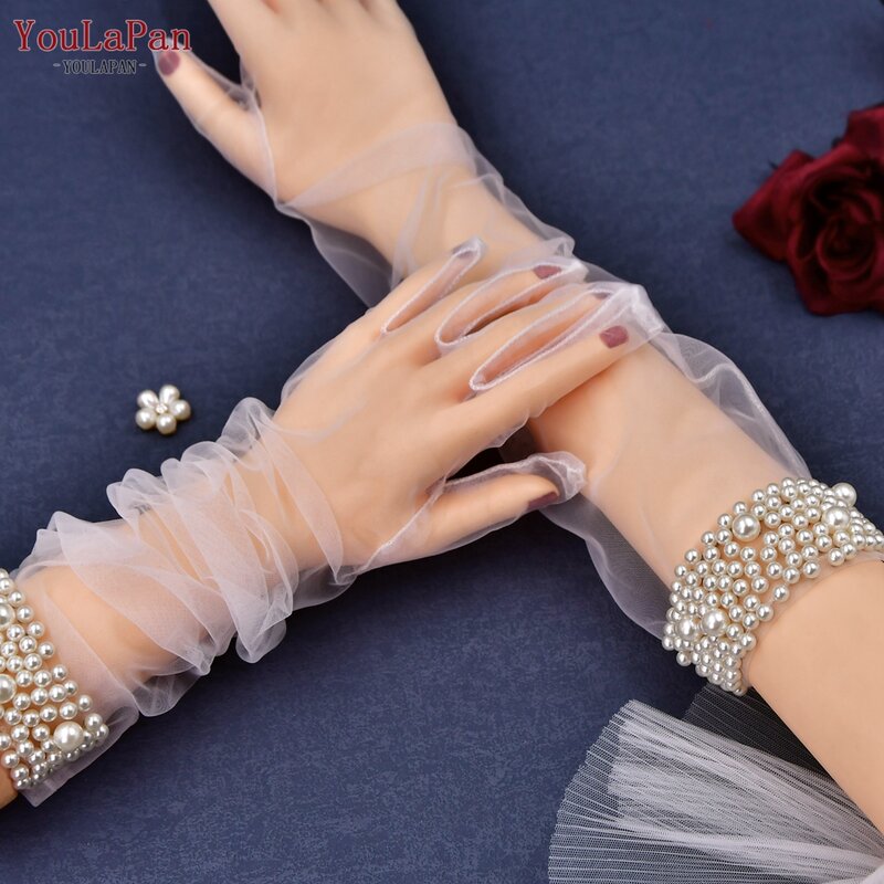 Youlpan sarung tangan pengantin mutiara VM01-A 1 pasang sarung tangan pernikahan Tulle panjang transparan di atas siku DIY kain Tule pesta lajang