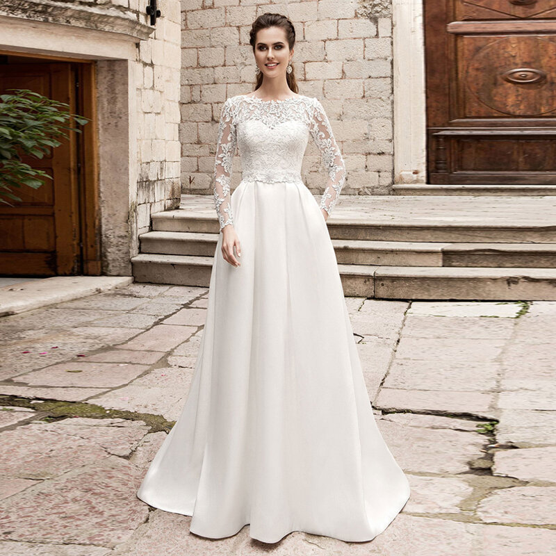 Elegante vestidos de casamento mangas compridas rendas cetim com bolsos vestidos de casamento vestido de noiva vintage 2022 personalizar robe de mariee