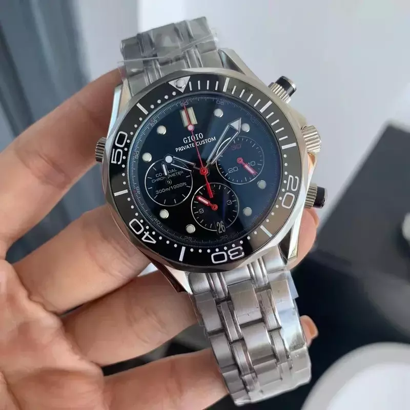 Luxus neue Herren Quarz Chronograph Uhr Edelstahl schwarz blau Keramik Gummi Master Uhren 40mm