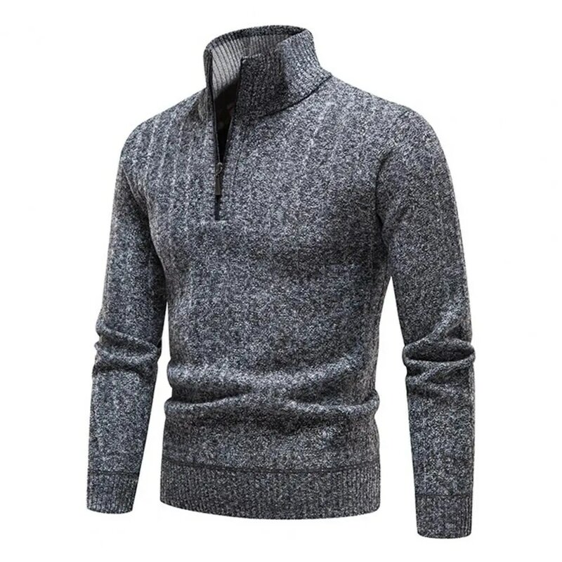 Suéter de punto de manga larga para hombre, suéter elástico con cuello alto, cremallera, textura a rayas, Color sólido, Primavera