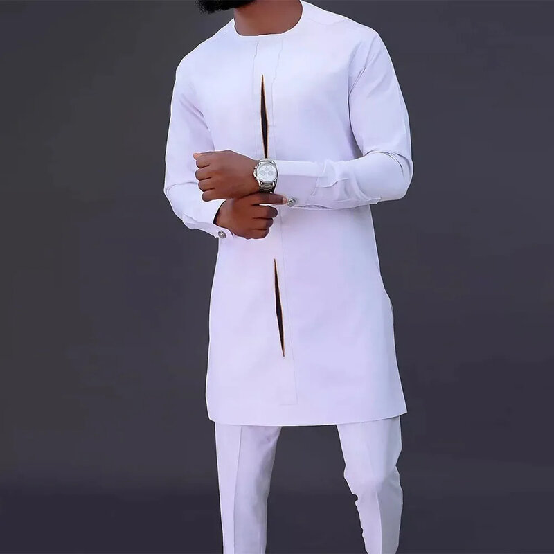 2024 Herren elegante Langarm Anzug Hemd Hose 2-teilige Rundhals nähte einfarbige Party Langarm afrikanischen ethnischen Stil