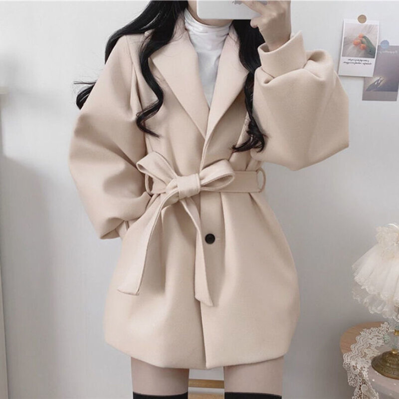 Moda jesienna i zimowa wełna mieszana czarna płaszcz z klapami z długimi rękawami pasek damski koreański płaszcz dopasowana odzież damska