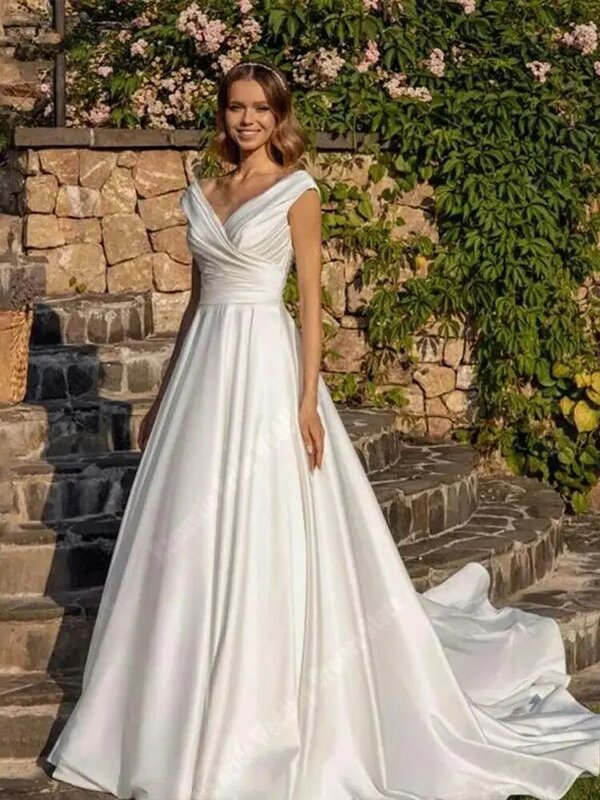 White Off Shoulder Women Wedding Dresses Romantic Satin Surface Sleeveless Bridal Gowns Mopping Length Vestidos De Novias 2024