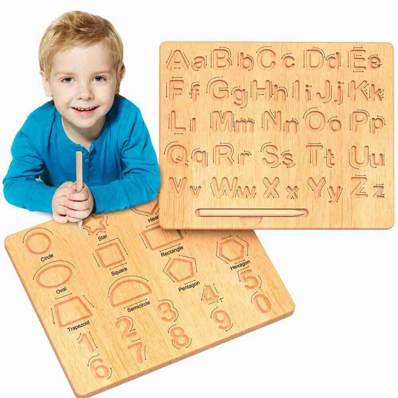 Papan praktik huruf kayu, alat pelacak alfabet dua sisi, alat belajar menulis permainan edukasi, keterampilan Motor halus tahan lama