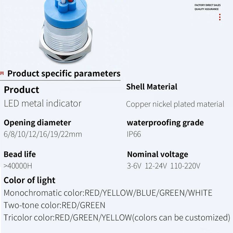 Luz indicadora de metal LED impermeável, lâmpada de sinal, fios conectar, latão, níquel, verde, vermelho, azul, 3-6V, 12-24V, 220V, 6mm
