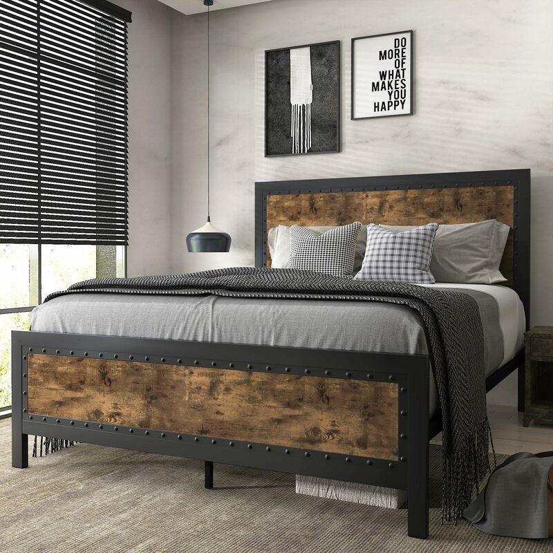 Grey Metal Bed Frame Full Industrial Wooden Platform Bed with Rivet Headboard No Box Spring Needed