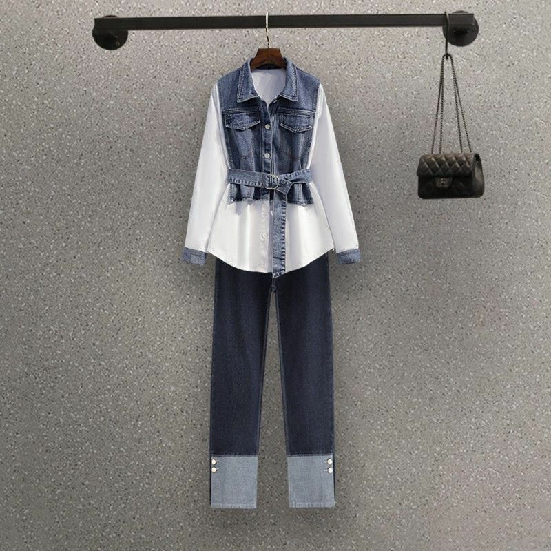 Spring and Autumn Women's Set New Korean Edition Slimming Fashion Age Reducing Shirt Pop Street Jeans Two Piece Set