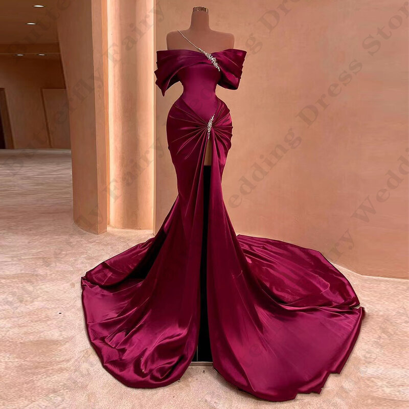 Gaun malam panjang Satin cantik elegan untuk wanita gaun pesta cantik seksi bahu terbuka pelangsing pel gaun Prom wanita 2024