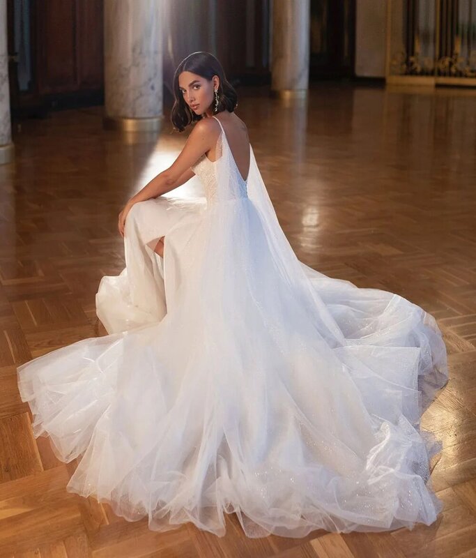 Gaun pengantin leher V seksi, gaun pengantin Model A Glitter Boho leher V, gaun pengantin belahan tinggi punggung terbuka 2024 pengantin wanita