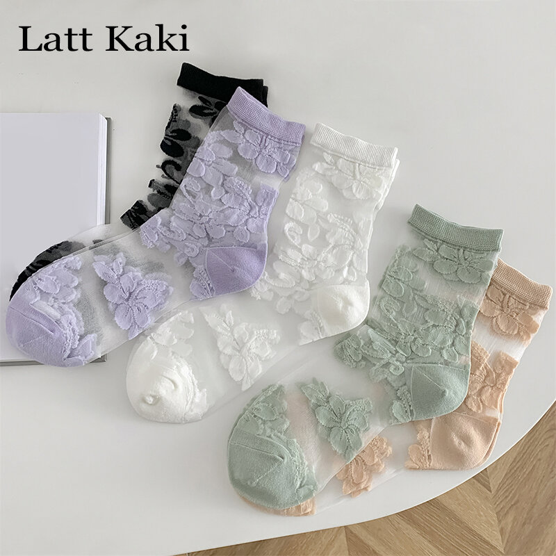 5 Pairs Socks For Women Japanese Style New Summer Flower Transparent Socks Cotton Breathable Thin Soft Ladies Crew Socks Simple