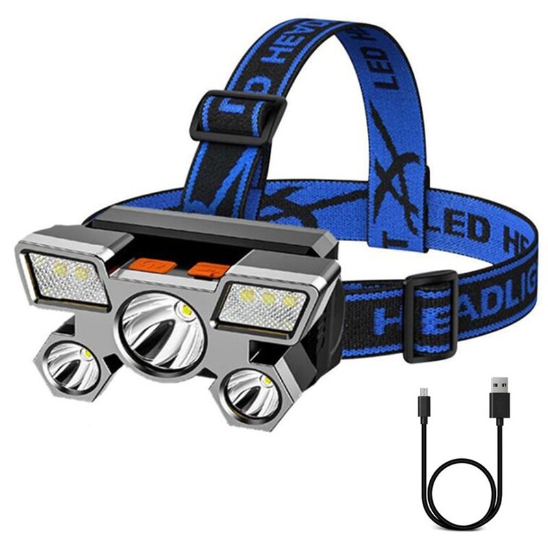 USB充電式LEDヘッドランプ,5つのヘッドを備えた強力なライト,超高輝度,釣り用,長距離