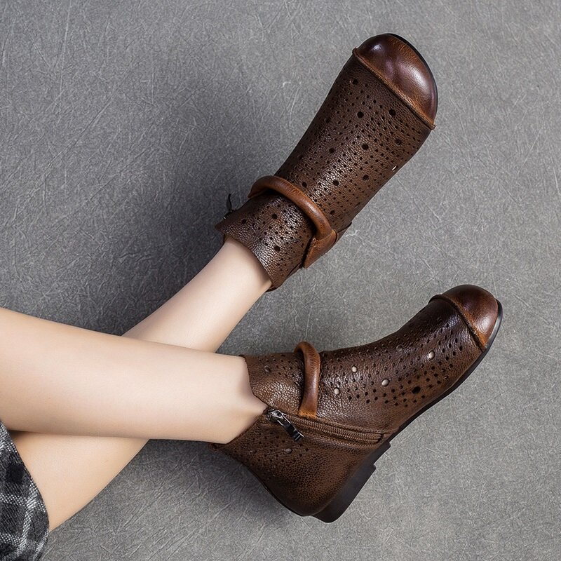 Dkanol ręcznie robione buty do kostki ze skóry naturalnej w stylu Retro dla kobiet letnie puste, oddychające buty z miękkim dolnym zamkiem na co dzień krótki but