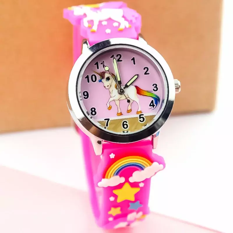 어린이 소녀 소년 학생 레인보우 유니콘 공룡 다채로운 실리콘 시계, 사랑스러운 별 파티 선물, 석영 손목 시계
