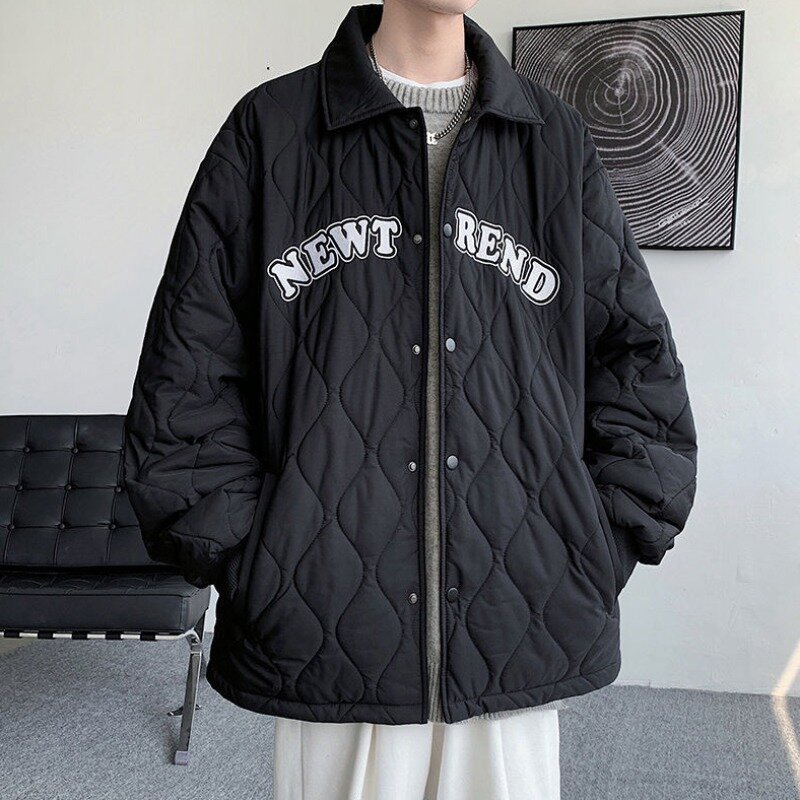 Men Rhombus Plaid Cotton-Padded Jacket Male Trendy Casual Large Size Solid Color Coat Winter Fleece-Lined Thicken Warm Outwear
