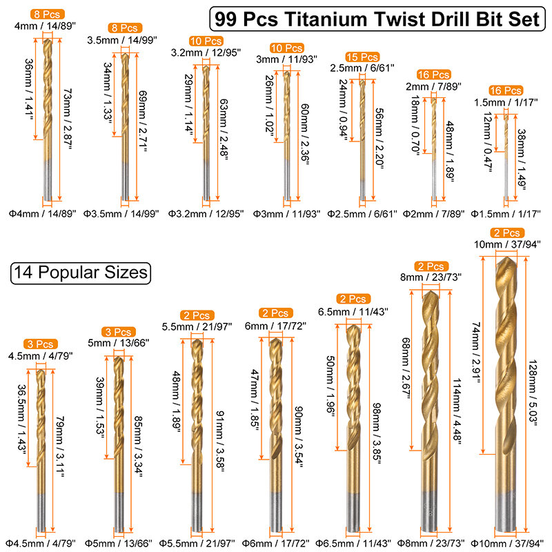 Twist Drill Bit Set para Carpintaria, Aço de alta velocidade, Plástico Metal Alumínio Ferramenta Elétrica, 14 Tamanhos Brocas com Case, 99Pcs
