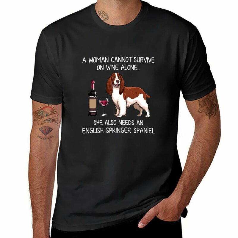 Angielski Springer Spaniel i wino śmieszne T-Shirt dla psów oversize ubrania vintage koszulka z krótkim rękawem zwykły biały t shirty męskie