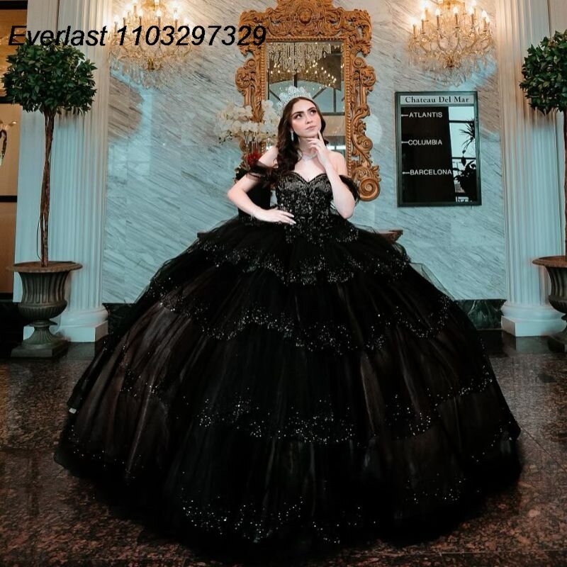 Evlast-quinceaneraドレス、3Dレースフローラルアップリケ、ビーズクリスタルティアードボールガウン、光沢のある黒、甘い15、tqd578