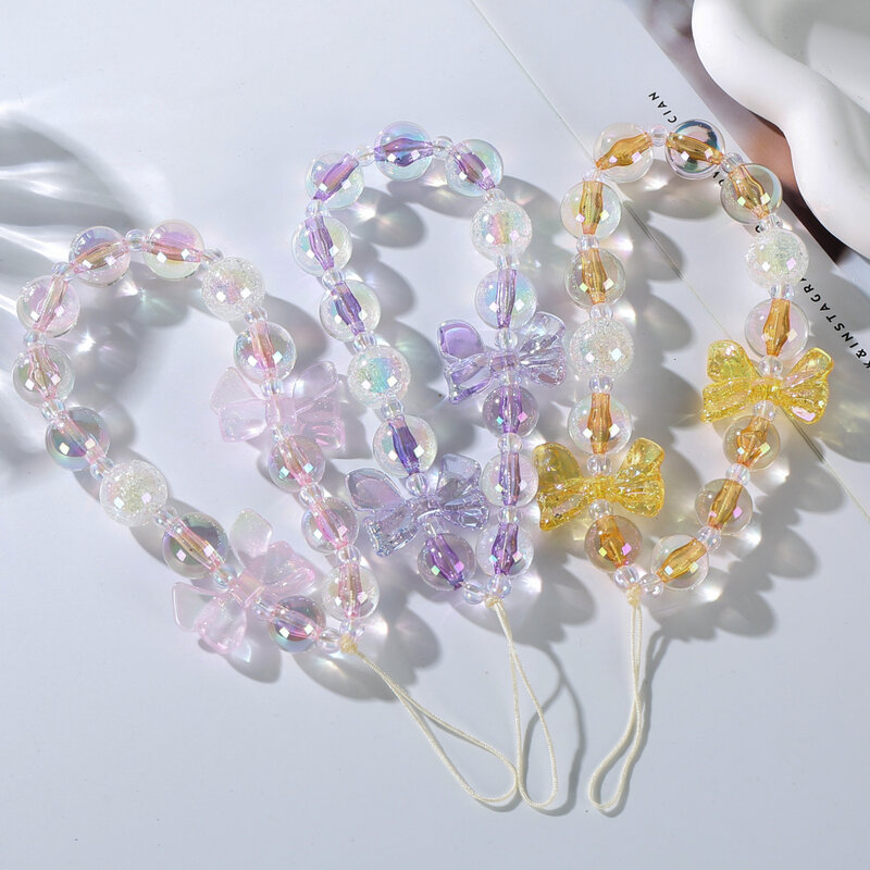 Sweet Crystal Anti-Drop Cellphone Chain Bow Round Beaded Mobile Phone Hanging Cord For Women Girl Phone Case Chain Strap Jewelry