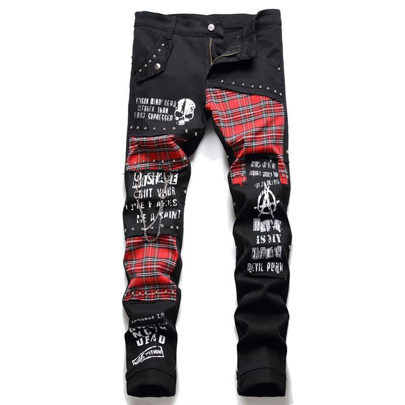 Jeans homme Punk Denim Pantalon Crâne Patchwork Streetwear Hip Hop Harajuku À Carreaux Mode Slim Fit Impression Haute Rue Pantalon