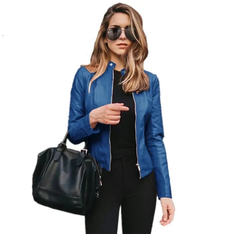 Women Faux Leather Stand Collar Zipper Cardigan Jackets Long Sleeve Slim Solid Color Autumn Moto Bike Casual Autumn 2023