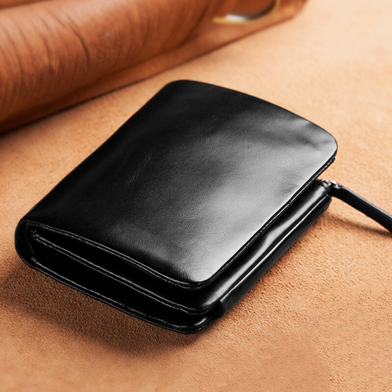 Nouveau portefeuille antivol RFID pour hommes, fermeture éclair courte, porte-cartes de visite à trois volets, porte-monnaie en cuir véritable