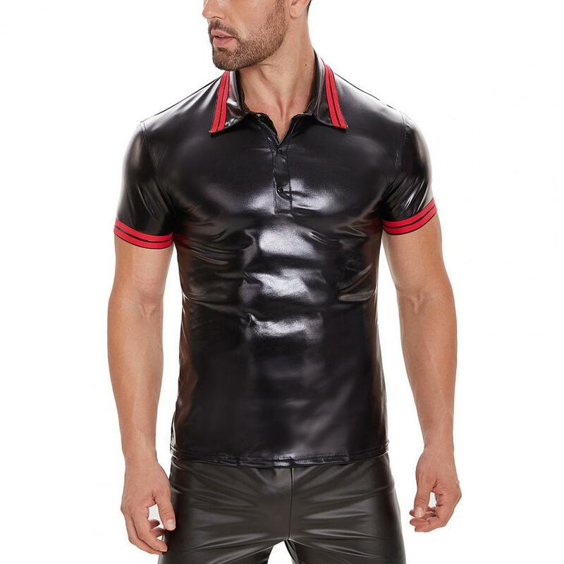 Plus Size Mens Shiny Patent Leather Shirt Short Sleeve Soft Leather Tops Turn down Collar Shaping leather Casual T shirt